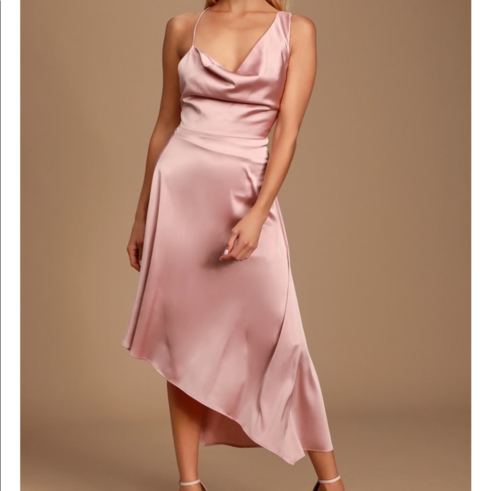 Pink Satin Cowl Neck Asymmetrical Midi Dress - XS